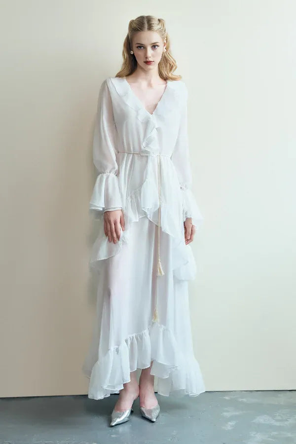 Robe Weitese trapèze à manches évasées en voile, robe longue à col en V, robe de bal vintage à volants de couleur unie